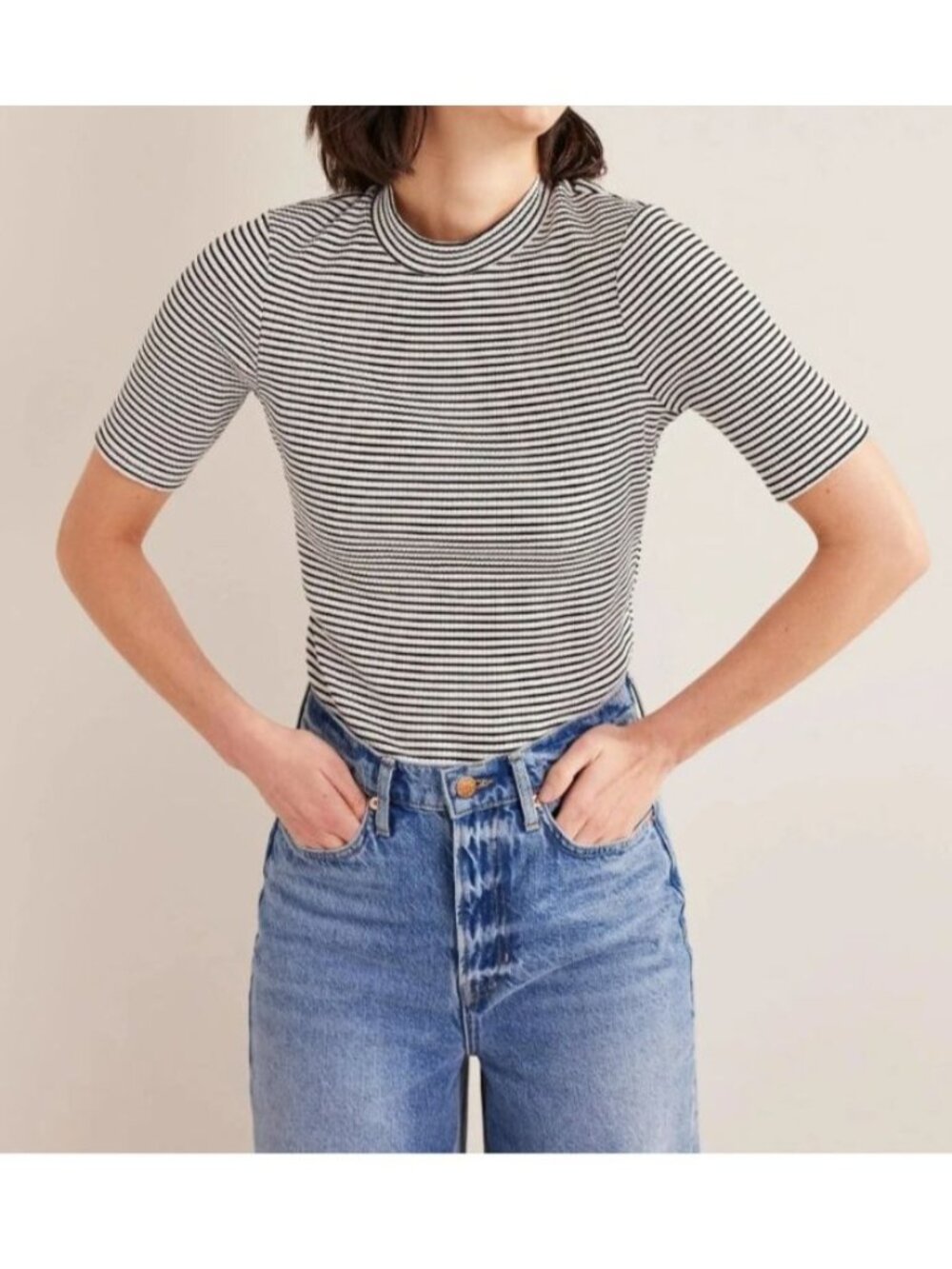 Boden Black White Striped Shirt size 14 Preppy Basic